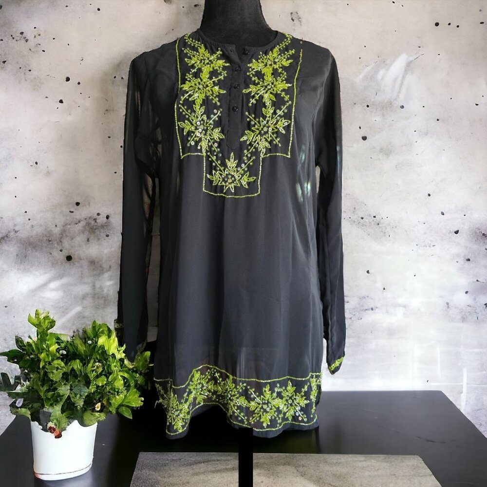 NWT EVA BLUE (MED) Sheer Black with Beading and Embroidery